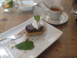 peanut butter pie with a pretzel crust and chocolate espresso topping.  at enVie A Vegan Kitchen in Halifax