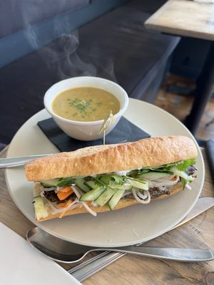 Mushroom Banh Mi sandwich and roasted broccoli soup  at enVie A Vegan Kitchen in Halifax