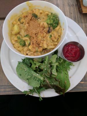 Mac & cheeze with homemade beet ketchup at enVie A Vegan Kitchen in Halifax