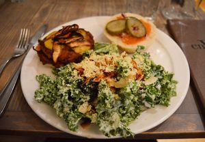 Vegan double bacon cheeseburger made with shitake bacon, served with side Caesar salad. I LOVED the salad. at enVie A Vegan Kitchen in Halifax