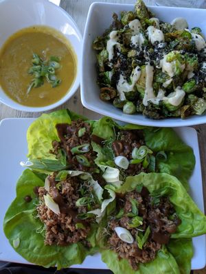 corn chowder (small size), crispy Brussels sprouts and crumbled-soy lettuce wraps at enVie A Vegan Kitchen in Halifax