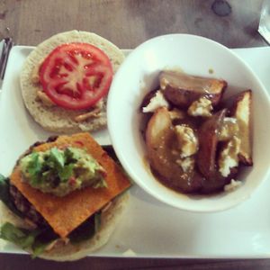 Southwest lentil burger and poutine  at enVie A Vegan Kitchen in Halifax