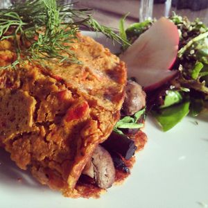 Closeup of the chickpea omelette  at enVie A Vegan Kitchen in Halifax