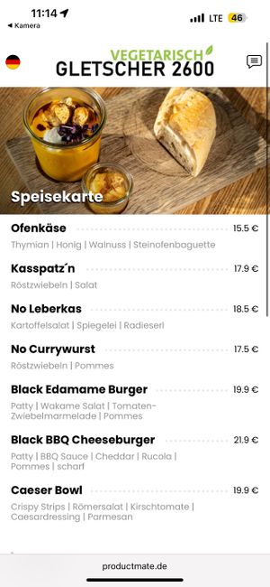 Speisekarte/menu  at Gletscher 2600 in Garmisch-partenkirchen