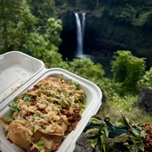 Vegan nachos! We ate at rainbow falls since the table at the food truck was taken    at Kokoz in Hilo