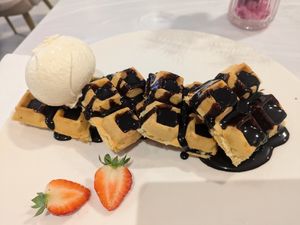 Vegan chocolate waffles with vanilla ice cream at Haute Dolci - Wembley in North West London