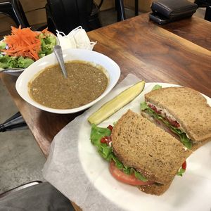 Hummus & veggie sandwich, Indian lentil curry, side salad (no dressing)  at Ninth Street Bakery in Durham