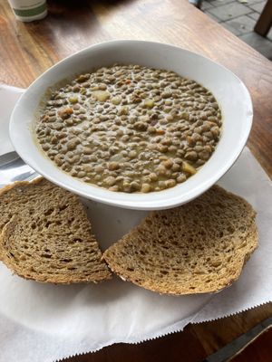 Lentil soup w side of 7-grain bread - amazing!  at Ninth Street Bakery in Durham