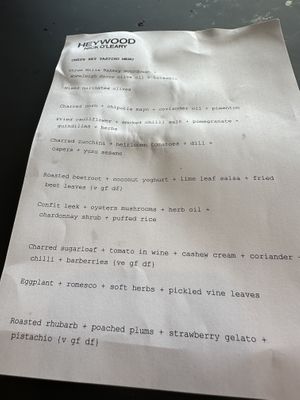 Today’s vegan chef’s menu  at Nick O'leary Wines in Wallaroo