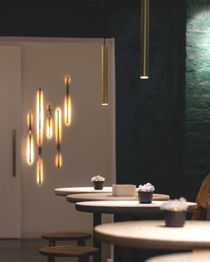 Modern interior with ample seating. at Momade Cupcakes in Brussels