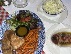 the "shaorma" (seitan) with sweet potato fries and a salad, with a side of cabbage salad and roasted peppers and garlic (although these weren't as "charred" as i was expecting!)  at Mali Vrabac in Belgrade