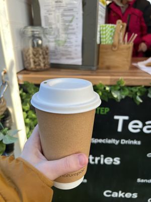 London fog latte in recyclable packaging   at Little Audrey's Plant Based Mobile Cafe in Inverness