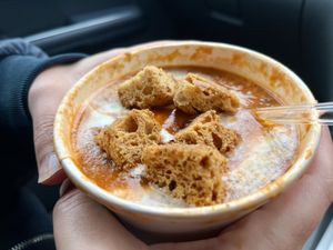 Soup with croutons   at Little Audrey's Plant Based Mobile Cafe in Inverness