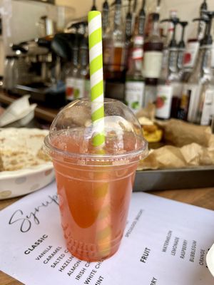 Raspberry lemonade with pineapple popping boba   at Little Audrey's Plant Based Mobile Cafe in Inverness