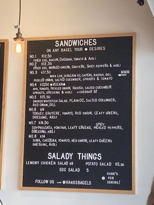 Sandwich options - the vegan option is clearly marked   at Hank's Bagels in Calabasas