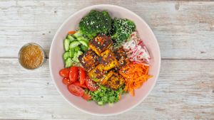 Buddha bowl - tofu and peanut sesame sauce! (vegan) at Whole Green Cafe in Pompano Beach