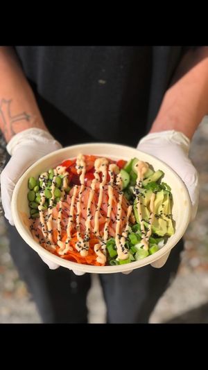 smoked salmong poke bowl at Whole Green Cafe in Pompano Beach