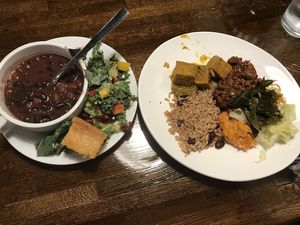 Veg soup, salad, coconut bread, veg chickun curry, veg chili, rice and peas, sweet potato casserole and cabbage. All on buffet  at Mango's Caribbean Cookhouse in Huntsville