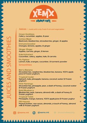 Juices and Smoothies Menu at XEMX in Mellieha