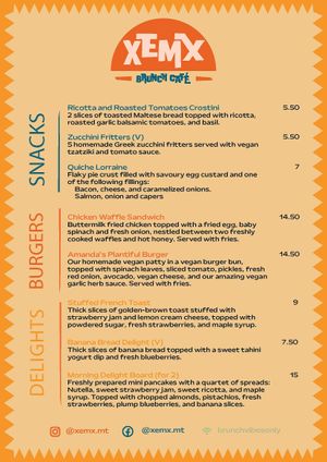 Snacks, Burgers & Delights Menu at XEMX in Mellieha