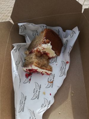 Strawberry and white chocolate cake at Heavenly Vegan Coffi in Barry