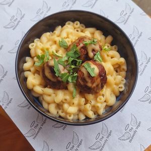 Our Mac N Cheese is the stuff dreams are made of - rich, velvety cheese sauce and flavourful meetballz come together to create a symphony of deliciousness. at Heavenly Vegan Coffi in Barry