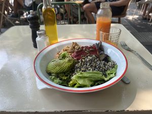 Rebel bowl with chickpeas, avocado, quinoa, grilled vegetables, salad  at Rebelion in Buenos Aires
