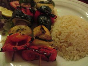 Vegan main course: roasted vegetable/tofu kebabs and rice at Libanon Restaurant in Dusseldorf