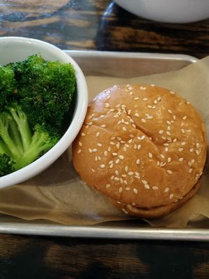 Kid's burger with broccoli at The Cutting Board in Pueblo