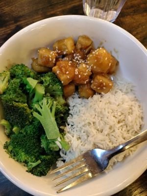 Orange tofu bowl special at The Cutting Board in Pueblo