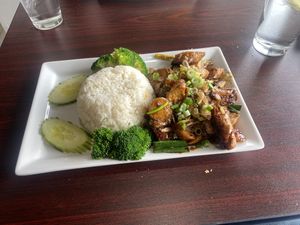 Five spice gluten rolls—tasty, and the texture (with crackly sugar skin to mimic duck a bit) was great  at Thanh Luong Vegetarian in Minnetonka