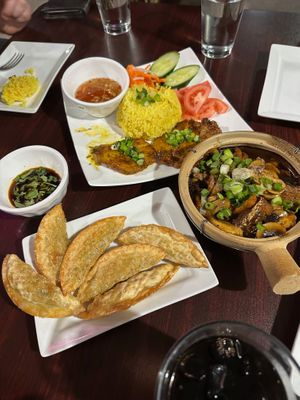 Fried Vegetable Dumplings (Dumpling Chiên), Braised Fish with Pepper (Ca Kho Tieu Chay), and something I can't remember.   at Thanh Luong Vegetarian in Minnetonka