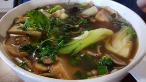 Vegan duck herb soup (made fully vegan with rice noodles instead of egg). Flavorful. at Thanh Luong Vegetarian in Minnetonka
