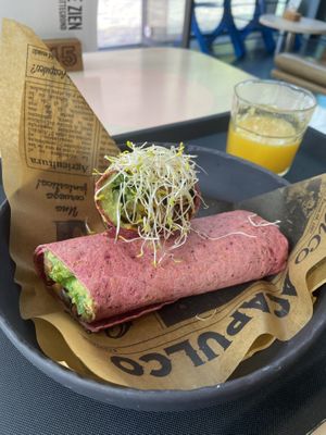 Beetroot tortilla wrap and fresh orange juice. Both tasty, but the wrap was cold which I didn’t expect. It’s also quite spicy due to the jalapeno. at Museumcafé Centraal in Utrecht