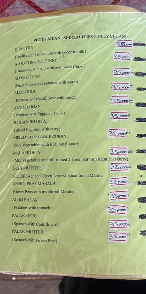 Vegan menu  at Hathim Indian Food - Sunset View in Don Det