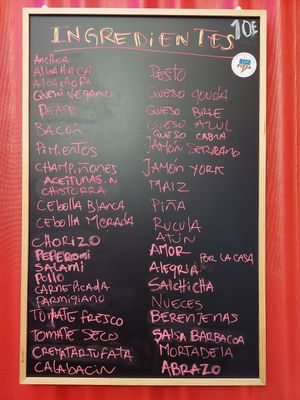 List of available ingredients at BisuPizza in Madrid