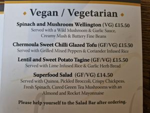 Some of the veggie & vegan options on the menu. There was also a burger offered in the burger section and some starters also at Lamphey Hall Hotel in Pembroke