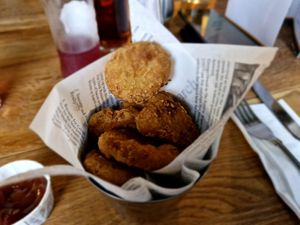 Vegan nuggets from the starter menu. Comes with a dip on request at Lamphey Hall Hotel in Pembroke