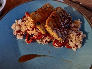 The vegan & gluten-free tofu dish as its served. Salad is on a self-serve basis at the salad bar at Lamphey Hall Hotel in Pembroke