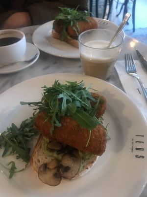 Vegan croquettes with mushrooms and avocado on toast. + plantbased latte   at Teds Eindhoven in Eindhoven