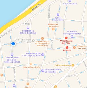 this is the actual location, 4 blocks west of what the map shows.  at Santuario del Yoga in Cartagena
