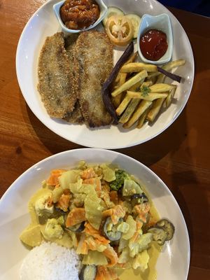 Eggplant schnitzel and vegan rendang  at Hungry Veggies in Moalboal