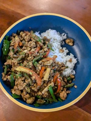 Tofu and basil stir fry at Hungry Veggies in Moalboal