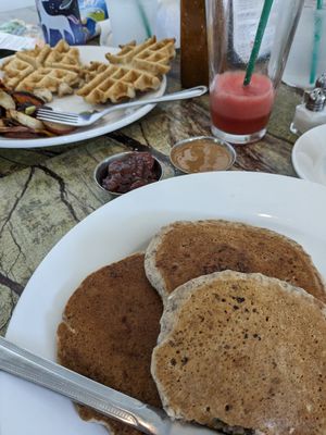 Vegan Pancakes + Kids Vegan Waffles with Almond butter and strawberry jam on side at Fresh First - Maybe closed in Fort Lauderdale