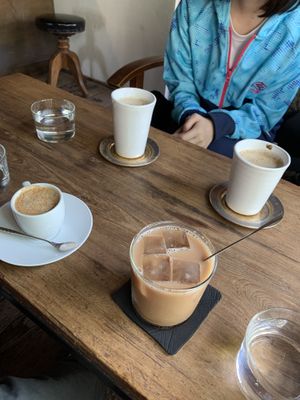 Ice chai tea with soy milk, espresso, two coffees at Beach Muffin in Zushi