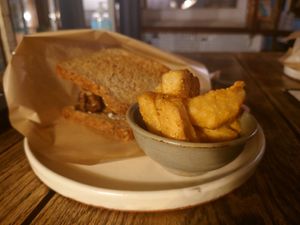 Vegetable burger and fries (all homemade) at Beach Muffin in Zushi