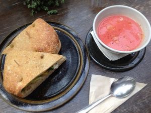 Masala Potato and Mustard Broccoli Sandwich with Beet soup.  at Beach Muffin in Zushi