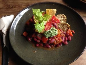 Chili with Rice and mung bean chips  at Beach Muffin in Zushi