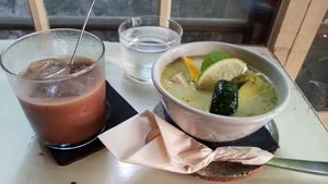 iced chocolate mint drink with soymilk and green curry soup at Beach Muffin in Zushi
