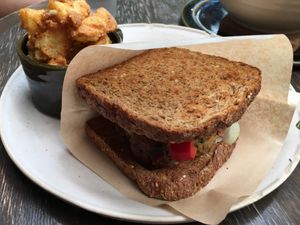 Vegan “burger” with battered fries at Beach Muffin in Zushi